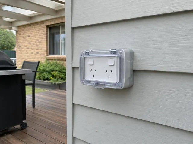 Outdoor double power point with weatherproof cover on a grey timber-clad exterior wall and deck in Springfield